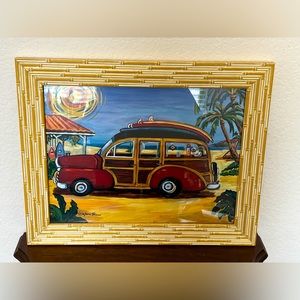 Art decor Red Woody Wagon On Beach -12x16 Canvas Framed In Bamboo Style Design